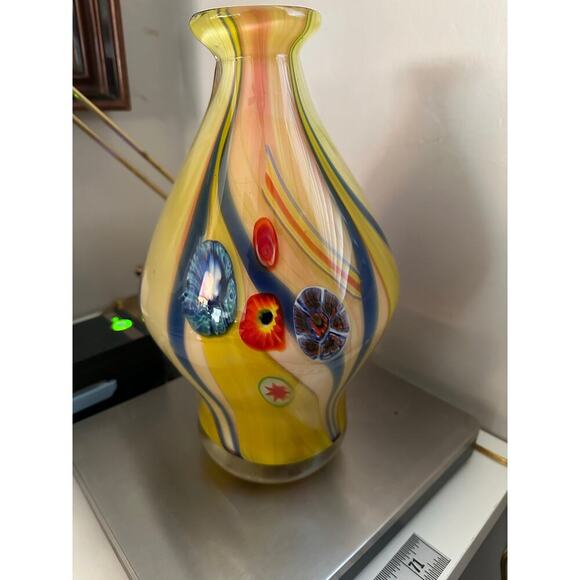 Vintage Murano Hand Blown Yellow Glass Vase Large Millefiori Art Glass - Picture 11 of 13